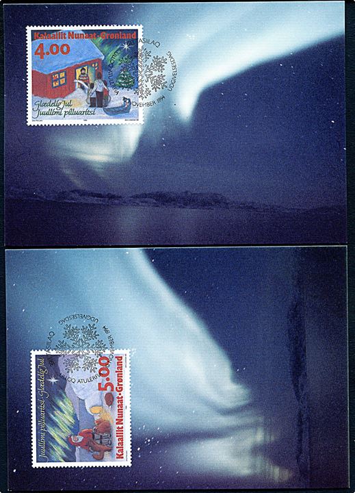 Grønland. 2 postkort med Nordlys Narssaq. Grønlands Postvæsen Bet. 55/94 & 56/94. 