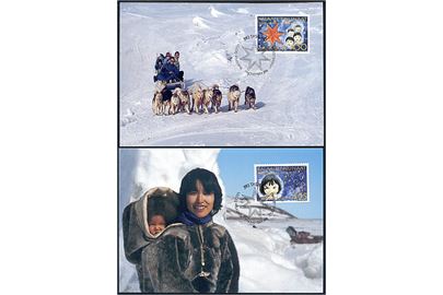 Grønland. 2 postkort. Vinterglæde samt Mor og Barn, Thule. Grønlands Postvæsen Bet 83/96 & 84/96. 