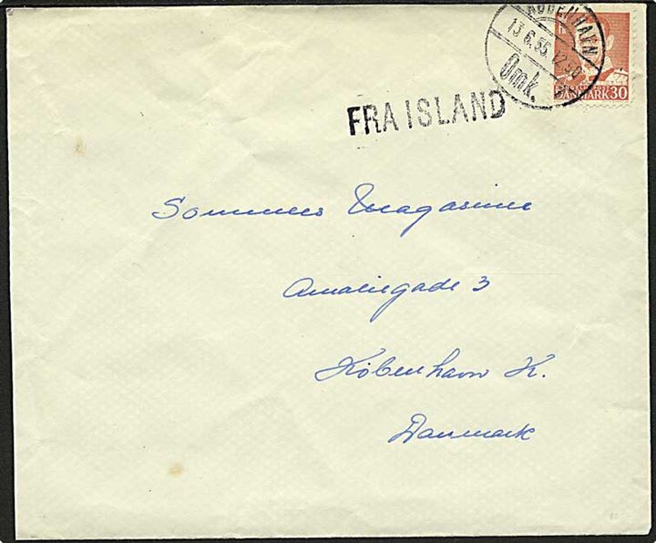 30 øre Fr. IX på skibsbrev stemplet København d. 13.6.1955 og sidestemplet Fra Island til København.