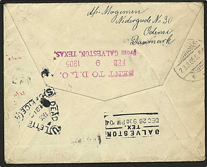 5 øre Våben (4) på brev fra Odense d. 9.12.1904 til sømand ombord på S/S Texas, c/o britiske konsul i Galveston, USA. Retur med flere stempler. 
