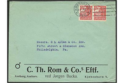 15 øre Karavel i parstykke på illustreret firmakuvert fra C. Th. Rom & Co.s Eftf. annulleret med forsøgsmaskinstempel København OMK d. 23.8.1934 til Philadelphia, USA.