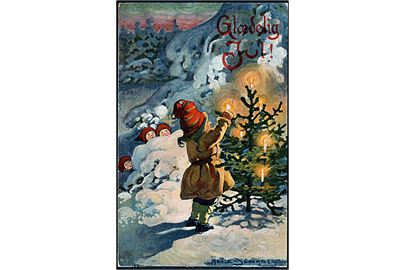 Adele Søderberg. Glædelig Jul. Nisse tænder lysene på træet. Mittet & Co. no. 1382. 