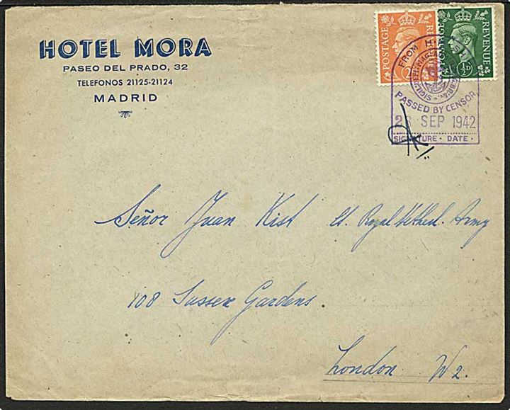 Engelsk ½d og 2d George VI på fortrykt kuvert fra Madrid, Spanien annulleret med flåde censurstempel d. 28.9.1942 til Royal Netherland Army i England. Hollandsk eksilpost.