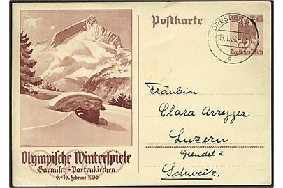 15+10 pfg. illustreret Vinter OL helsagsbrevkort fra Dresden d. 16.1.1936 til Luzern, Schweiz.