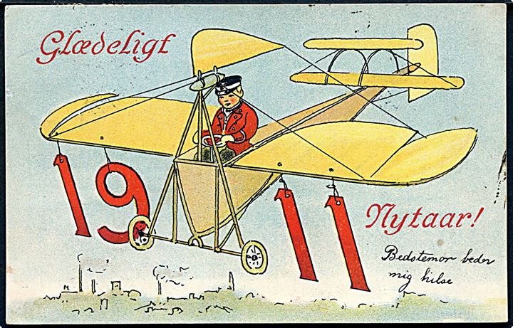 Årstalskort 1911, postbud i flyvemaskine. A. Vincent serie 302/6. Ukendt kunstner.