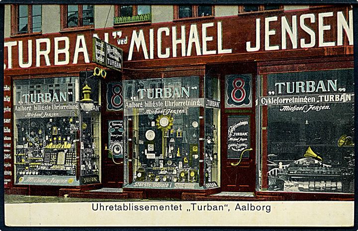 Aalborg, Bredegade 8, Turban Uhretablissement ved Michael Jensen. Reklamekort med julehilsen 1916. J.J.N. no. 7263.