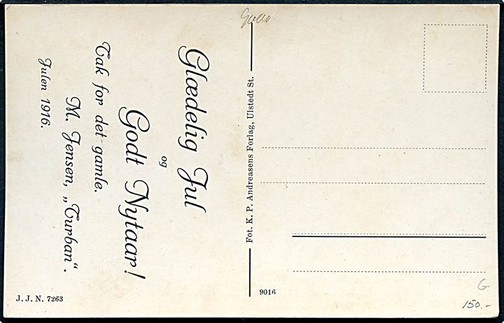 Aalborg, Bredegade 8, Turban Uhretablissement ved Michael Jensen. Reklamekort med julehilsen 1916. J.J.N. no. 7263.