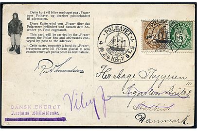 5 øre og 20 øre Posthorn på Polhavet-ekspeditions postkort annulleret Polhavet d. 13.9.1918 og igen d. 4.8.1924 til Aarhus, Danmark - eftersendt til Viby J.