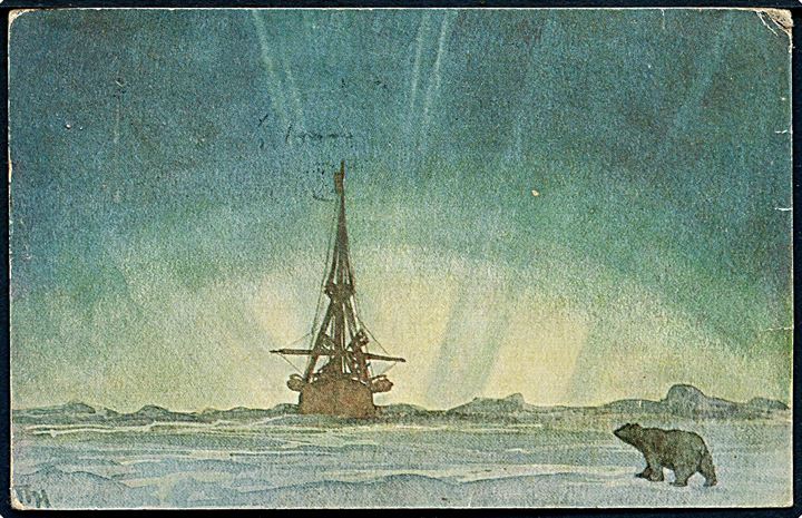 5 øre og 20 øre Posthorn på Polhavet-ekspeditions postkort annulleret Polhavet d. 13.9.1918 og igen d. 4.8.1924 til Aarhus, Danmark - eftersendt til Viby J.