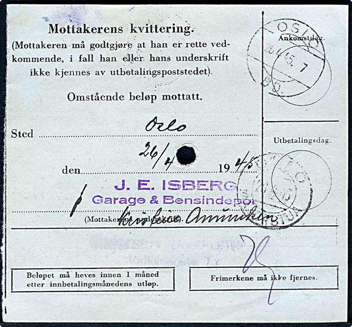 Ufrankeret postanvisning stemplet Gebührenfrei Dienstsache fra Der Befehlshaber der Ordnungspolizei sendt lokalt i Oslo d. 25.4.1945.