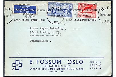 30+10 øre og 55+20 øre Oslo Olympiske Vinterlege på luftpostbrev annulleret med Olympiade TMS i Oslo d. 30.10.1951 til Stuttgart, Tyskland.