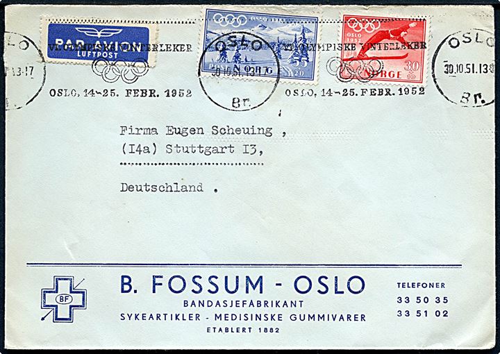30+10 øre og 55+20 øre Oslo Olympiske Vinterlege på luftpostbrev annulleret med Olympiade TMS i Oslo d. 30.10.1951 til Stuttgart, Tyskland.