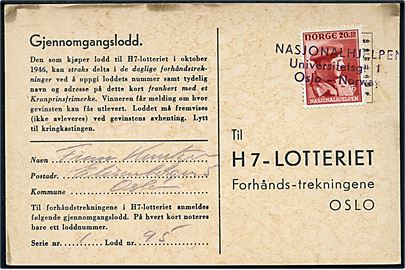 20+10 øre Nasjonalhjlepen på H7-Lotteri brevkort annulleret med kontorstempel: Nasjonalhjelpen Universitetsg. 1 Oslo - Norway.