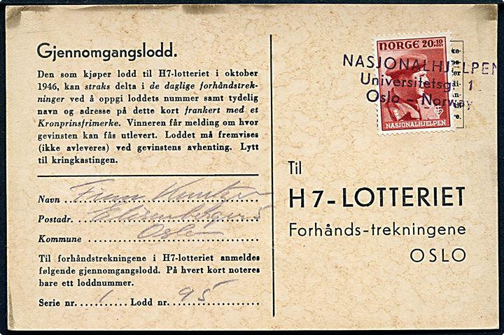 20+10 øre Nasjonalhjlepen på H7-Lotteri brevkort annulleret med kontorstempel: Nasjonalhjelpen Universitetsg. 1 Oslo - Norway.