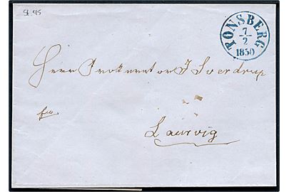 1850. Ufrankeret francobrev med blåt antiqua Tønsberg d. 7.2.1850 til Laurvig.