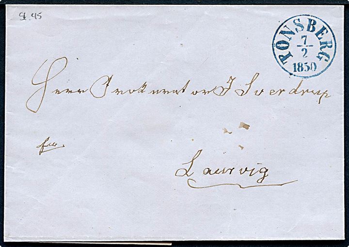 1850. Ufrankeret francobrev med blåt antiqua Tønsberg d. 7.2.1850 til Laurvig.