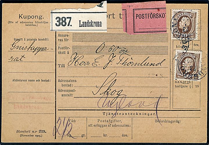 30 öre Oscar II (2) på adressekort for pakke med postopkrævning fra Landskrona d. 23.1.1908til Skog.