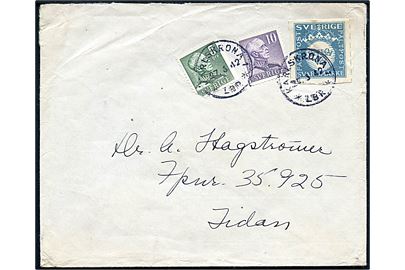 5 öre (defekt), 10 öre Gustaf og Fältpost Svarmärke på mystisk blandingsfrankeret brev fra Karlskrona d. 27.3.1942 til soldat ved fältpost nr. 35925.
