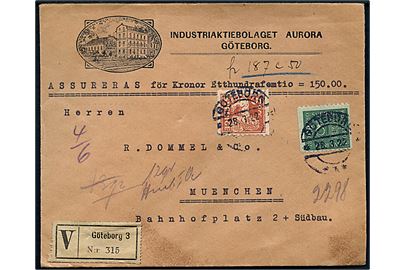 5 öre Løve og 80 öre Posthorn på illustreret firmakuvert sendt som værdibrev fra Industriaktiebolaget Aurora i Göteborg d. 28.3.1922 til München, Tyskland.
