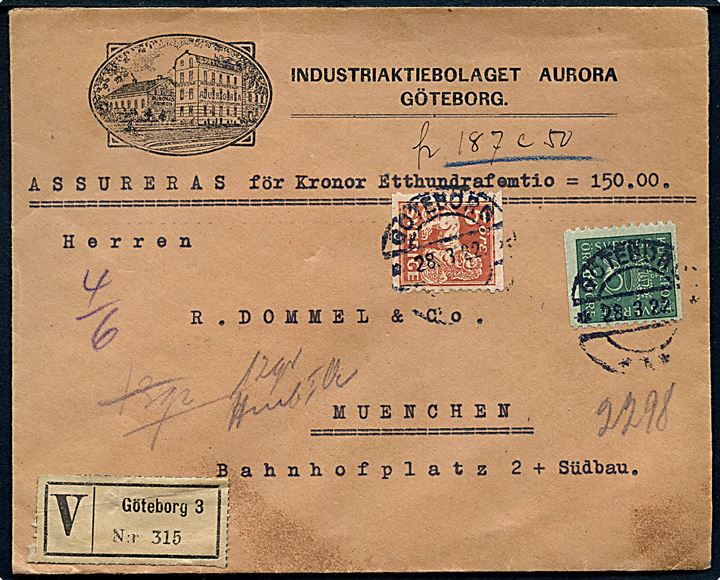 5 öre Løve og 80 öre Posthorn på illustreret firmakuvert sendt som værdibrev fra Industriaktiebolaget Aurora i Göteborg d. 28.3.1922 til München, Tyskland.