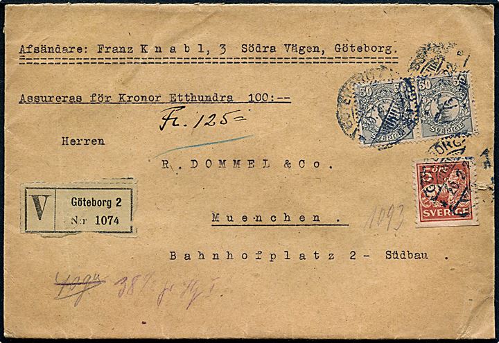 5 öre Løve og 50 öre Gustaf i parstykke på værdibrev fra Göteborg d. 20.2.1922 til München, Tyskland.