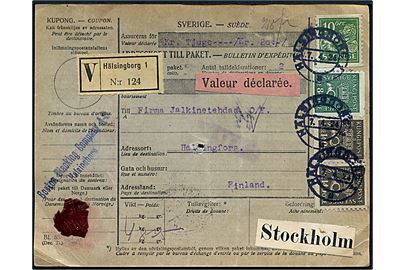 10 öre Løve, 80 öre og 1,40 kr. (2) Posthorn på adressekort for værdipakke fra Hälsingborg d. 7.4.1924 til Helsingfors, Finland. 