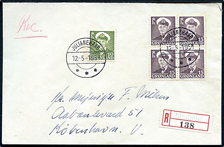 10 øre og 15 øre (fireblok) Fr. IX på anbefalet brev fra Julianehaab d. 12.5.1954 til København.