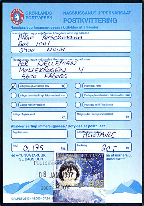 4,25 kr. Jule udg. på Postkvittering annulleret med trodat stempel Poststationen 3900 Nuuk d. 8.1.1997.