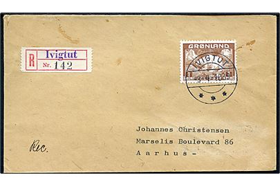1 kr. Isbjørn single på anbefalet brev annulleret Ivigtut d. 8.4.1939 til Aarhus, Danmark. Ank.stemplet d. 2.5.1939.