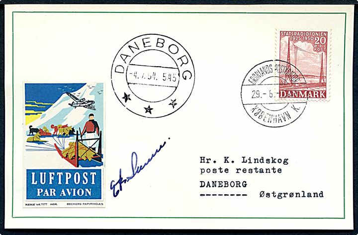 20 øre Statsradiofonien på filatelistisk luftpostkort annulleret Grønlands Postkontor København K. d. 29.6.1954 til Daneborg, Østgrønland. Ank.stemplet Daneborg d. 4.7.1954.