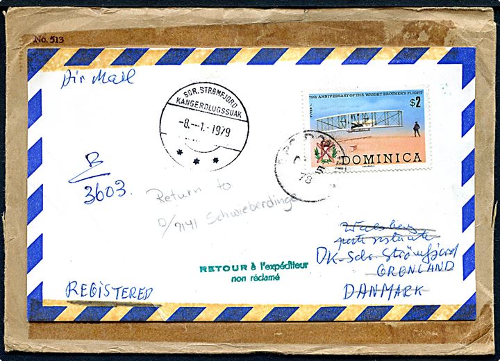 2$ på anbefalet luftpostbrev fra Dominica 1978 til Sdr. Strømfjord, Grønland. Returneret som ej afhentet via Returpostkontoret i København. Flere stempler.