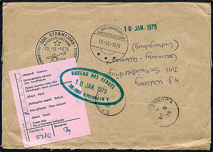 2$ på anbefalet luftpostbrev fra Dominica 1978 til Sdr. Strømfjord, Grønland. Returneret som ej afhentet via Returpostkontoret i København. Flere stempler.