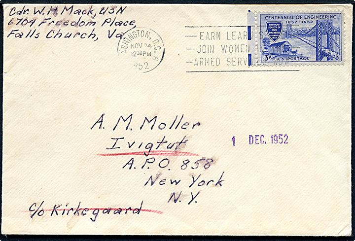 Amerikansk 3 cents på brev fra Washington D.C. d. 24.11.1952 til Ivigtut via amerikansk feltpost A.P.O. 858 (= Narsarssuaq Air Base). 