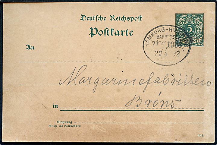 5 pfg. helsagsbrevkort dateret Nörmark annulleret med bureaustempel Hamburg - Hvidding Bahnpost Zug 1000 d. 22.4.1892 til Brøns.