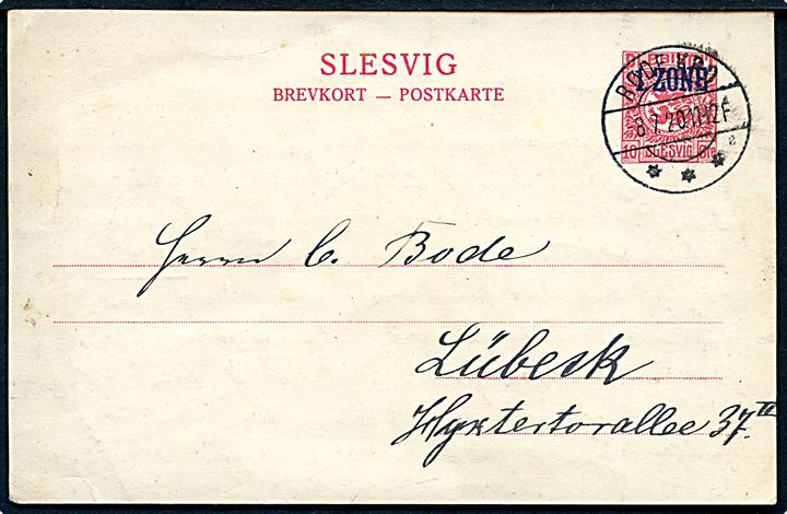 10 øre 1. Zone helsagsbrevkort annulleret med brotype IIb Røde Kro sn2 d. 8.7.1920 til Lübeck, Tyskland.