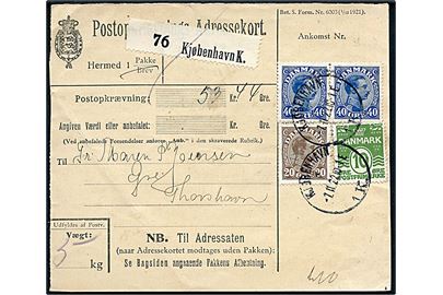 10 øre Bølgelinie, 20 ore og 40 øre (par) Chr. X på postopkrævnings adressekort for pakke fra Kjøbenhavn d. 7.11.1922 til Øre pr. Thorshavn, Færøerne.