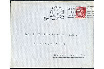 15 øre Karavel på skibsbrev fra Thorshavn annulleret København d. 10.6.1934 og sidestemplet Fra Færöerne til København.