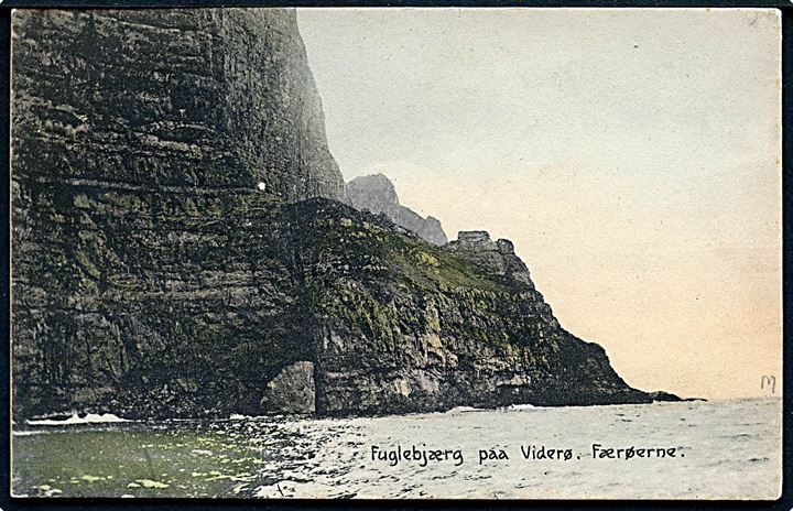5 øre Bølgelinie på brevkort (Fuglebjærg paa Viderø, Færøerne) sendt som tryksag med brotype Ig Thorshavn d. 20.0.1913 til Zug, Schweiz. God destination fra Færøerne.