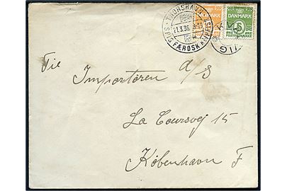 5 øre og 10 øre Bølgelinie på brev annulleret med udslebet stjernestempel KVALVIG og sidestemplet med klipfiskstempel i Thorshavn d. 21.3.1936 til København.