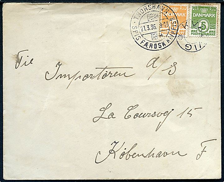 5 øre og 10 øre Bølgelinie på brev annulleret med udslebet stjernestempel KVALVIG og sidestemplet med klipfiskstempel i Thorshavn d. 21.3.1936 til København.
