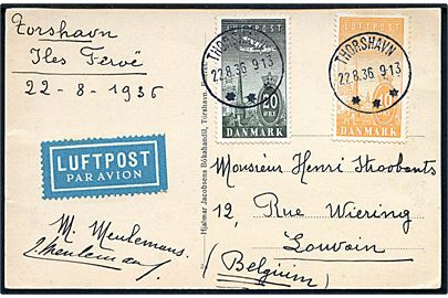 10 øre og 20 øre Luftpost på luftpost kort (Kort over Færøerne) annulleret med brotype IIIc Thorshavn d. 22.8.1936 til Louvain, Belgien.