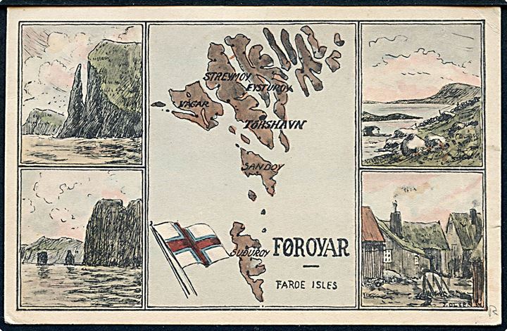 10 øre og 20 øre Luftpost på luftpost kort (Kort over Færøerne) annulleret med brotype IIIc Thorshavn d. 22.8.1936 til Louvain, Belgien.