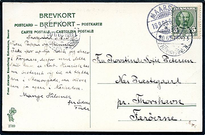 5 øre Fr. VIII på brevkort annulleret Maarsø d. 19.9.1908 via Kjøbenhavn til Næs Præstegaard pr. Thorshavn, Færøerne.