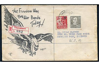 20/15 øre Provisorium og 50 øre Chr. X på amerikansk patriotisk kuvert sendt anbefalet fra Thorshavn d. 11.1.1945 via new York til Highland Park, USA. Uden tegn på censur.
