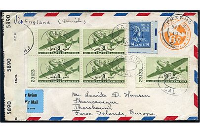 Amerikansk 6 cents luftpost helsagskuvert opfrankeret med 8 cents Transport (5) og 14 cents Pierce sendt som luftpost fra Fresno d. 12.4.1944 til Thorshavn, Færøerne. Påskrevet Via England og åbnet af britisk censur PC90/5890. Ank.stemplet i Thorshavn d. 30.5.1944.