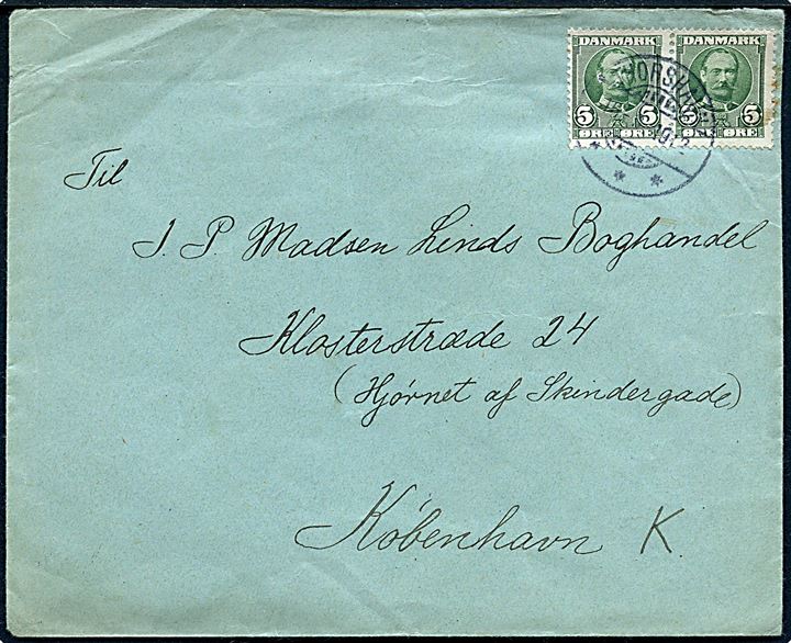 5 øre Fr. VIII i parstykke på brev annulleret med brotype Ig Thorshavn d. 16.3.1912 til København.