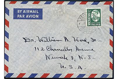 2,45 kr. Hannes Hafstein single på luftpostbrev fra Reykjavik d. 15.?.1955 til Newark, USA.