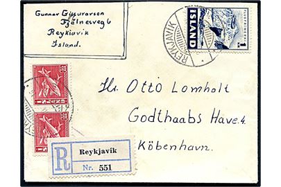 35 aur Sild (par) og 1 kr. Luftpost på anbefalet brev fra Reykjavik d. 27.3.1948 til København, Danmark.