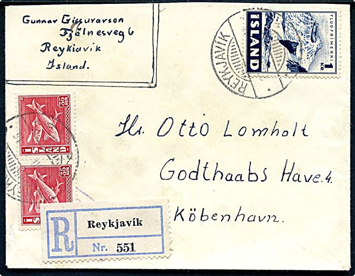 35 aur Sild (par) og 1 kr. Luftpost på anbefalet brev fra Reykjavik d. 27.3.1948 til København, Danmark.