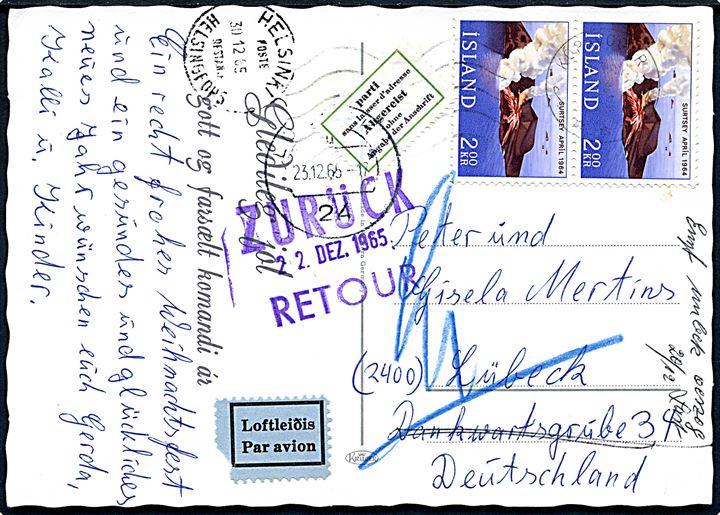 2 kr. Surtsey i parstykke på luftpost brevkort fra Koparvogur d. 18.12.1965 til Lübeck, Tyskland. Retur med 2-sproget returetiket fra Lübeck d. 23.12.1965. Uvist af hvilke årsag transit stempel i Helsingfors d. 30.12.1965.